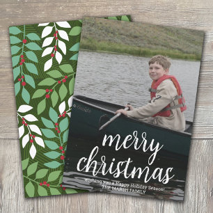 Cartes Pour Fêtes Annuelles Moderne Merry Calligraphie verticale Photo botaniq