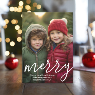 Cartes Pour Fêtes Annuelles Moderne Merry Calligraphie verticale Photo botaniq
