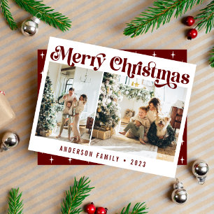 Cartes Pour Fêtes Annuelles Moderne minimaliste rétro Noël Deux photos Maroon