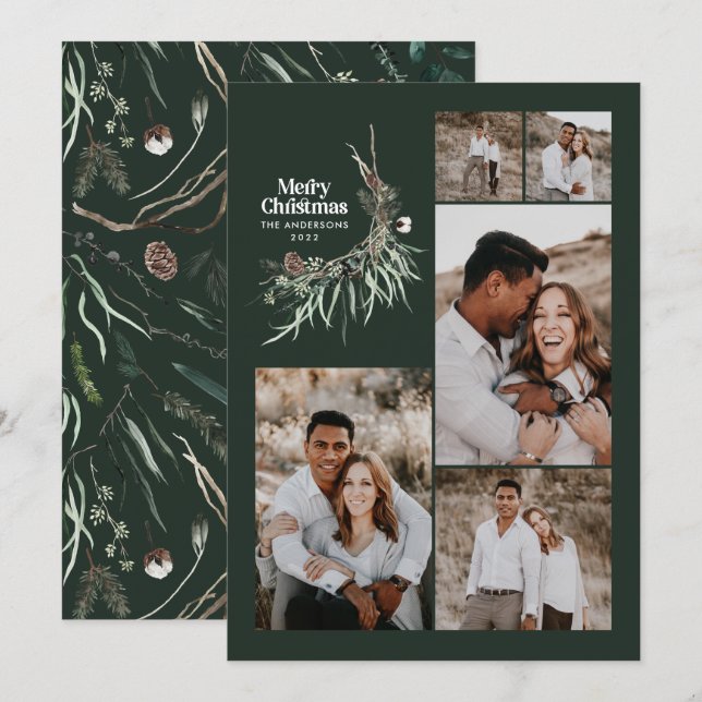Cartes Pour Fêtes Annuelles Moderne multi photo élégant botanique vert chic (Devant / Derrière)