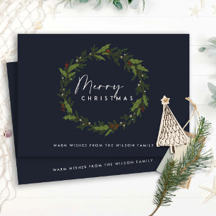 CARTES POUR FÊTES ANNUELLES MODERNE NAVY HOLLY BERRY WREATH MERRY NOËL