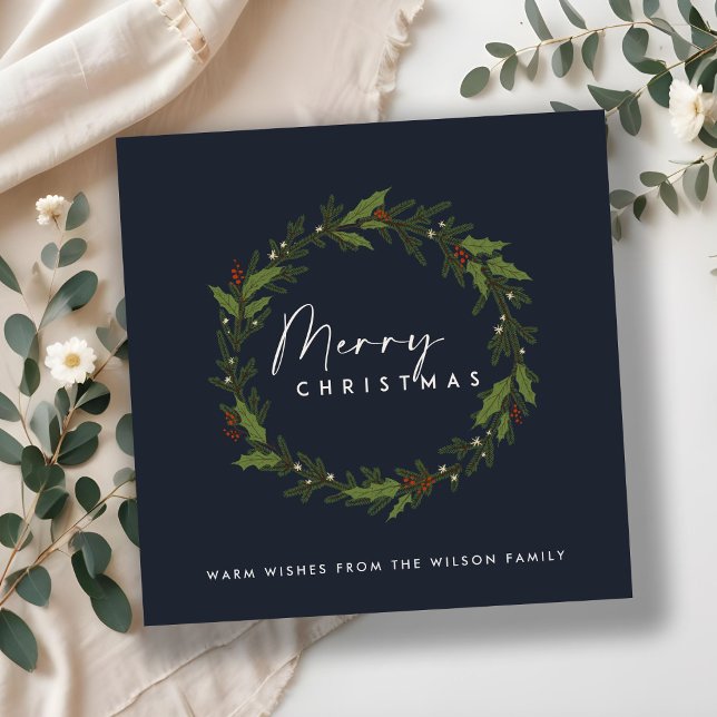 CARTES POUR FÊTES ANNUELLES MODERNE NAVY HOLLY BERRY WREATH MERRY NOËL (Créateur téléchargé)