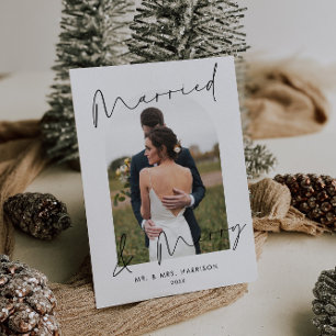 Cartes Pour Fêtes Annuelles Moderne Photo de Mariés sous une Arche Joyeux