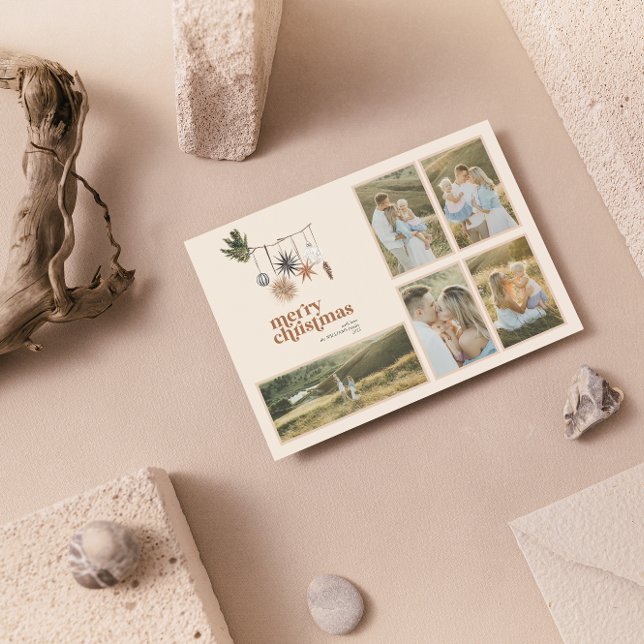 Cartes Pour Fêtes Annuelles Moderne Scandi Boho Neutral Family 5 Photo Joyeux (Créateur téléchargé)
