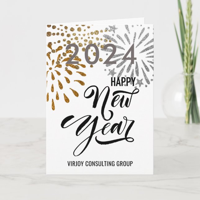 Cartes Pour Fêtes Annuelles Moderne Script Gold Silver Fireworks Business (Devant)
