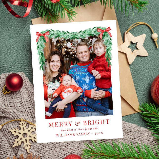 Cartes Pour Fêtes Annuelles Moderne simple Bow Joyeux & Bright Christmas Photo (Créateur téléchargé)