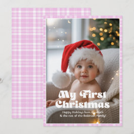 Cartes Pour Fêtes Annuelles Mon Premier Noël Bébé au Lavande Rose Gingham