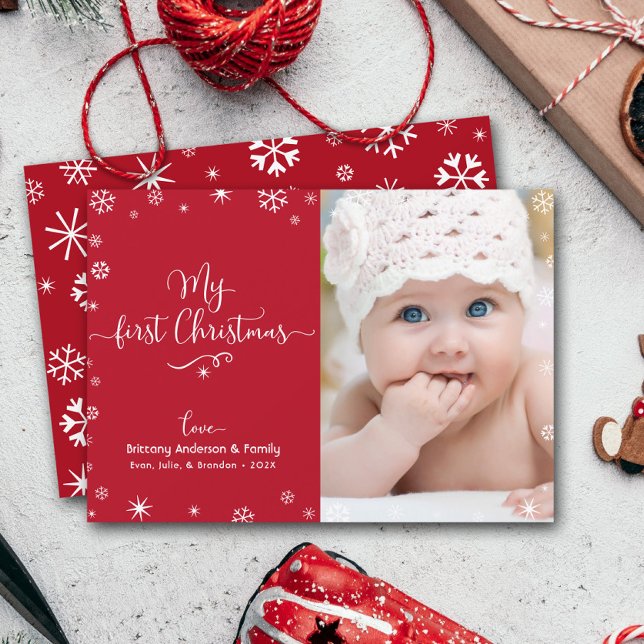 Cartes Pour Fêtes Annuelles Mon premier Noël Bébé Photo Snowflakes Chic Red (Créateur téléchargé)