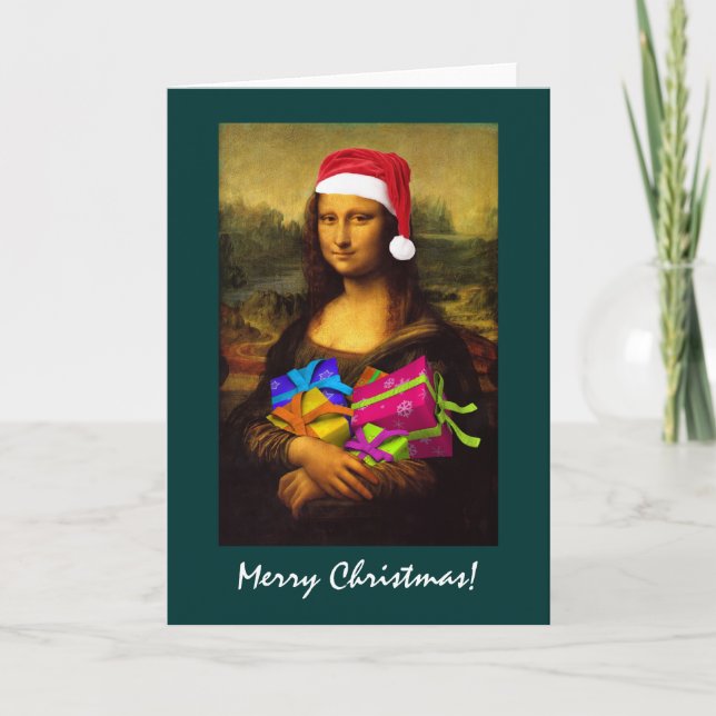 Cartes Pour Fêtes Annuelles Mona Lisa Arrive Comme Père Noël (Devant)