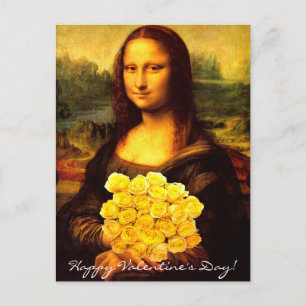 Cartes Pour Fêtes Annuelles Mona Lisa Avec Bouquet De Roses Jaunes