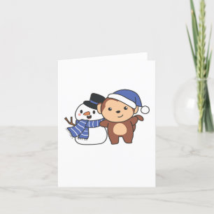 Cartes Pour Fêtes Annuelles Monkey With Snowman In Winter For Christmas