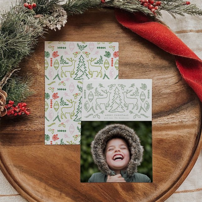 Cartes Pour Fêtes Annuelles Monnaie verte Motif scandinave Photo de Noël (Mint Green Scandinavian Pattern Christmas Photo Holiday Card)