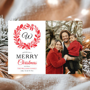 Cartes Pour Fêtes Annuelles Monogram Red Wreath Joyeux Noël Photo