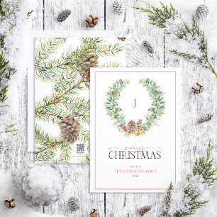 Cartes Pour Fêtes Annuelles Monogram Winter Cone Berry Wreath Joyeux Noël