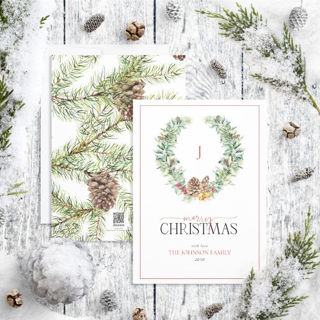 Cartes Pour Fêtes Annuelles Monogram Winter Cone Berry Wreath Joyeux Noël (Créateur téléchargé)