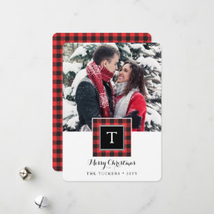 Cartes Pour Fêtes Annuelles Monogramme Buffalo plaqué Noir rouge Joyeux Noël