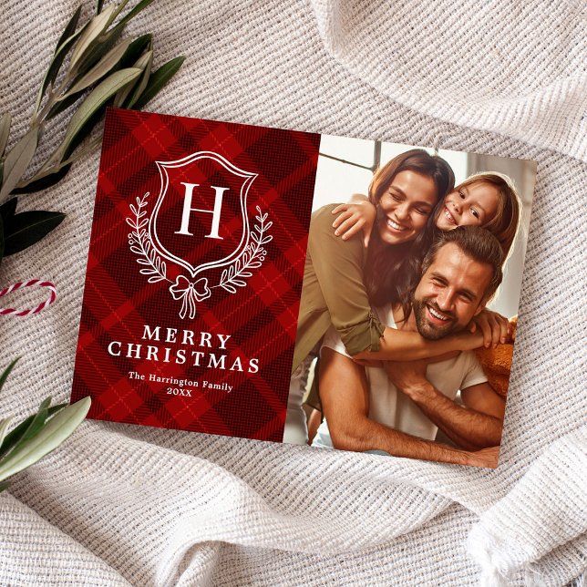 Cartes Pour Fêtes Annuelles Monogramme classique en carton rouge Photo Noël (Créateur téléchargé)