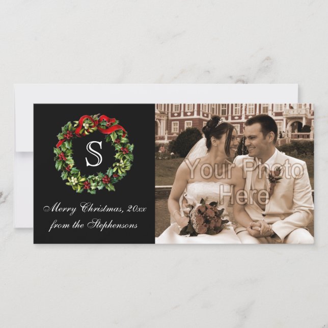 Cartes Pour Fêtes Annuelles Monogramme classique Holly Wreath Noël (Devant)