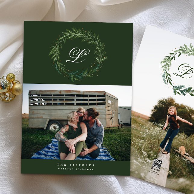 Cartes Pour Fêtes Annuelles Monogramme de couronne classique verte à deux phot (Créateur téléchargé)