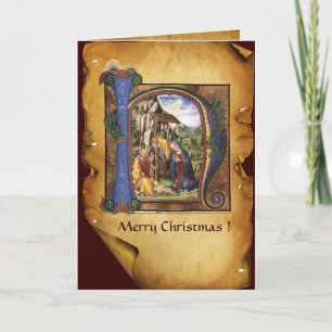 CARTES POUR FÊTES ANNUELLES MONOGRAMME DE LA NATIVITÉ PARCHEMENT DE NOËL