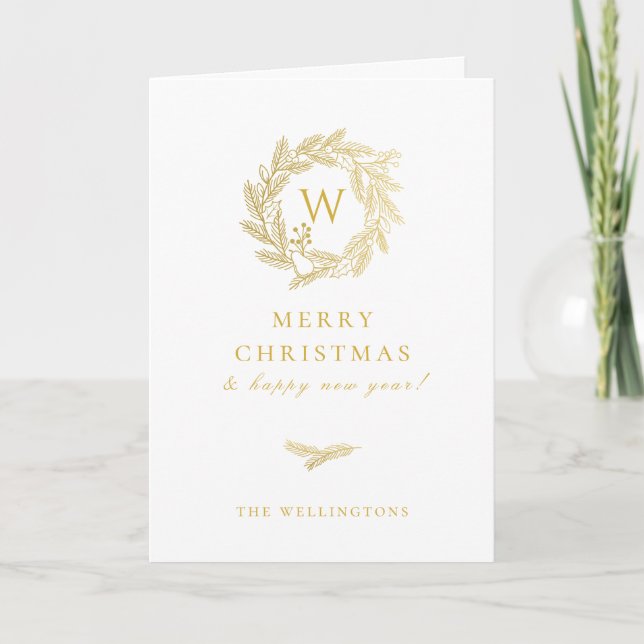Cartes Pour Fêtes Annuelles Monogramme de Wreath d'hiver d'or (Devant)