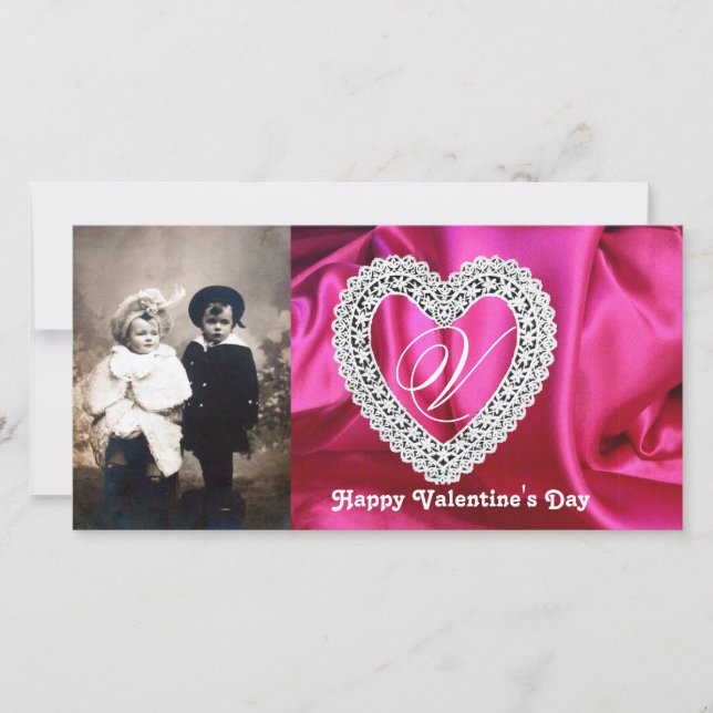 CARTES POUR FÊTES ANNUELLES MONOGRAMME DU COEUR DE LACE SOIE FUCHSIA VÊTEMENT, (Devant)