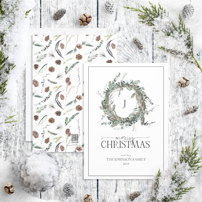 Cartes Pour Fêtes Annuelles Monogramme Dusty Winter Wreath Joyeux Noël (Créateur téléchargé)
