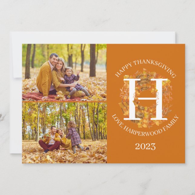 Cartes Pour Fêtes Annuelles Monogramme floral Thanksgiving Photo de famille Co (Devant)