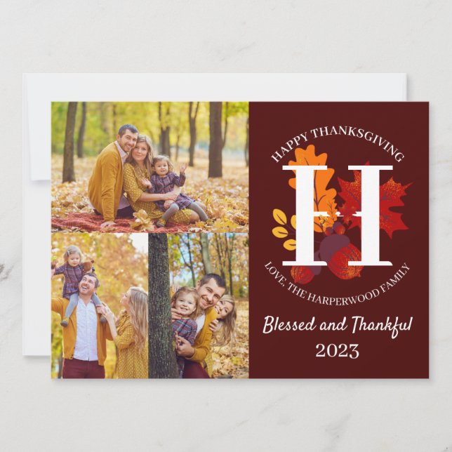 Cartes Pour Fêtes Annuelles Monogramme floral Thanksgiving Photo de famille Co (Devant)