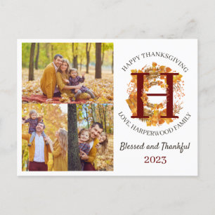 Cartes Pour Fêtes Annuelles Monogramme floral Thanksgiving Photo de famille Co