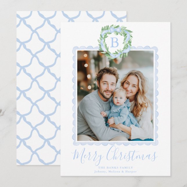 Cartes Pour Fêtes Annuelles Monogramme Grandmillennial Christmas Wreath Bow (Devant / Derrière)