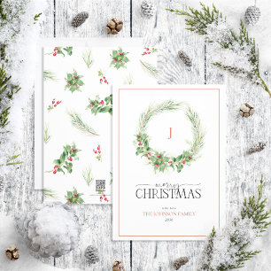 Cartes Pour Fêtes Annuelles Monogramme Moderne Holly Berry Wreath Joyeux Noël