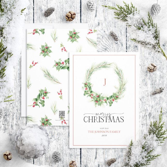 Cartes Pour Fêtes Annuelles Monogramme Moderne Holly Berry Wreath Joyeux Noël (Créateur téléchargé)