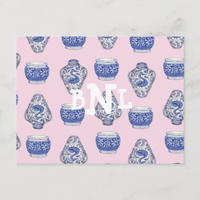 Cartes Pour Fêtes Annuelles Monogramme rose Chinoisserie Ginger Jar (Devant)