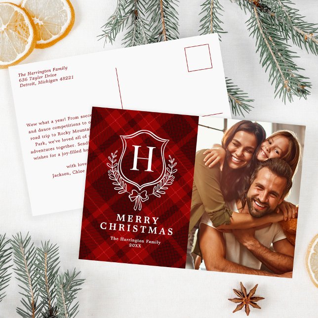 Cartes Pour Fêtes Annuelles Monogramme rouge à plaid photo Noël (Créateur téléchargé)