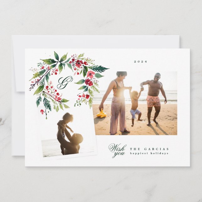 Cartes Pour Fêtes Annuelles Monogramme traditionnel Green Wreath photo collage (Devant)
