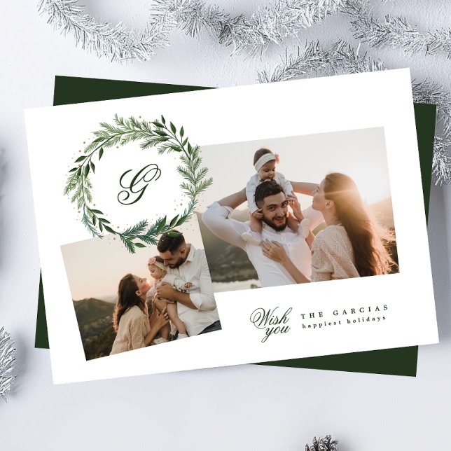 Cartes Pour Fêtes Annuelles Monogramme traditionnel Green Wreath photo collage (Créateur téléchargé)