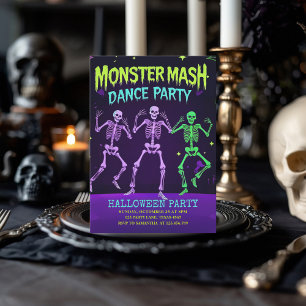 Cartes Pour Fêtes Annuelles Monster Mash Dance Party Neon Skeleton