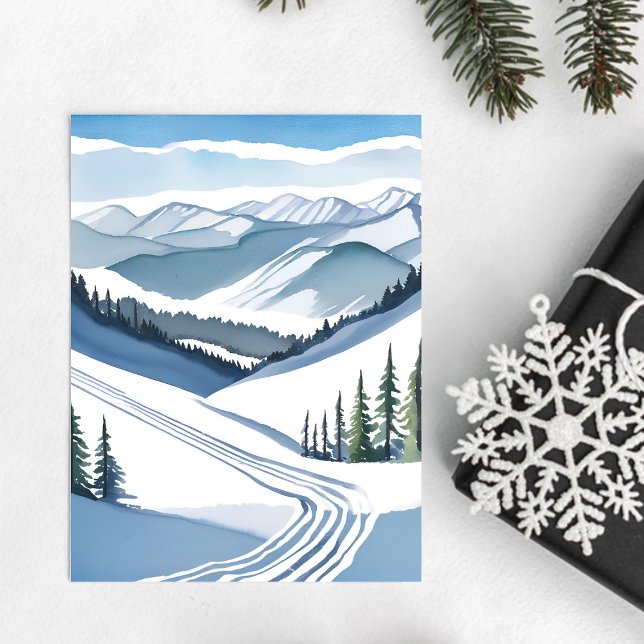 Cartes Pour Fêtes Annuelles Montagne de ski à l'aquarelle (Créateur téléchargé)