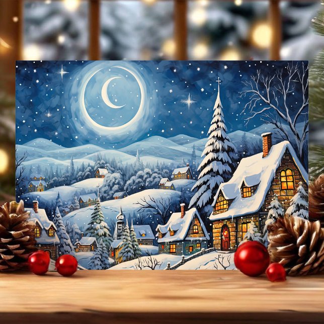 Cartes Pour Fêtes Annuelles Moonlit Winter Wonderland Snowy Christmas Village (Créateur téléchargé)