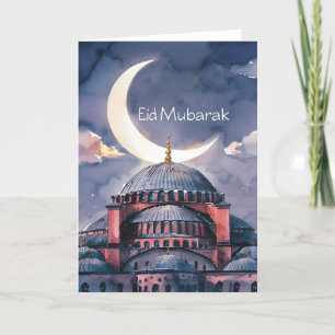 Cartes Pour Fêtes Annuelles Mosquée à l'aquarelle lune Eid Mubarak croissant d