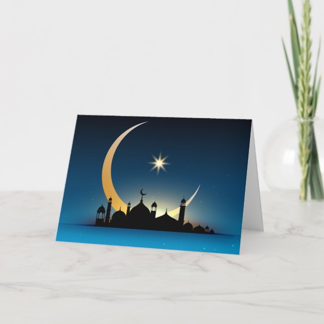 Cartes Pour Fêtes Annuelles Mosquée Crescent Moon Ramadan, turquoise, noir (Devant)