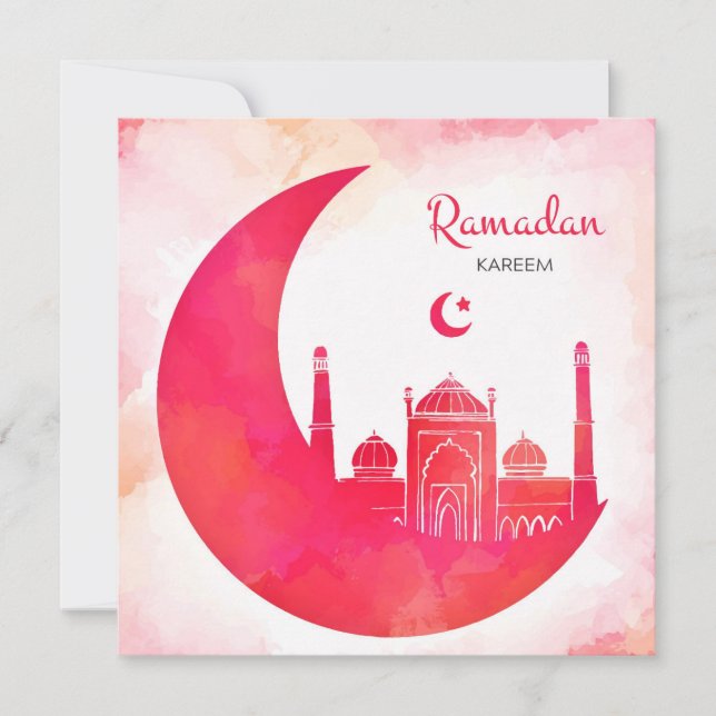 Cartes Pour Fêtes Annuelles Mosquée d'aquarelle Ramadan Kareem et croissant (Devant)