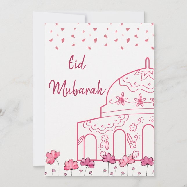 Cartes Pour Fêtes Annuelles Mosquée rose florale mignonne Eid Moubarak islamiq (Devant)