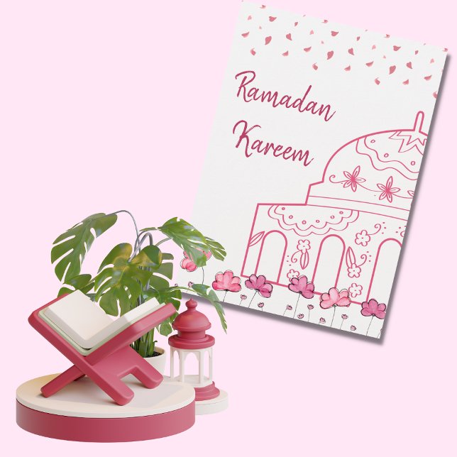 Cartes Pour Fêtes Annuelles Mosquée rose florale mignonne Ramadan Mubarak isla (Créateur téléchargé)