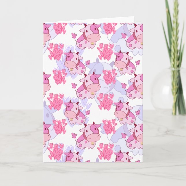 Cartes Pour Fêtes Annuelles Motif blanc et rose de vache à amour (Devant)
