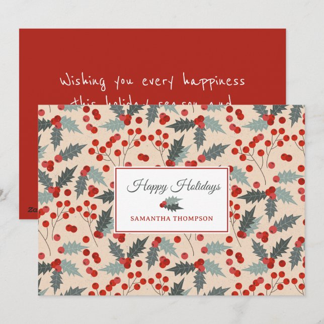 Cartes Pour Fêtes Annuelles Motif botanique de Noël Holly Berry moderne (Devant / Derrière)