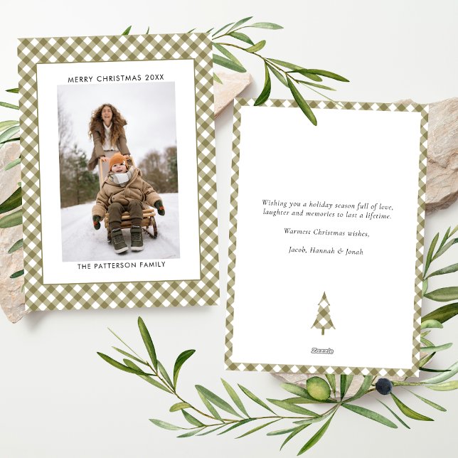 Cartes Pour Fêtes Annuelles Motif carreaux gingham vert olive Photo Noël (Créateur téléchargé)