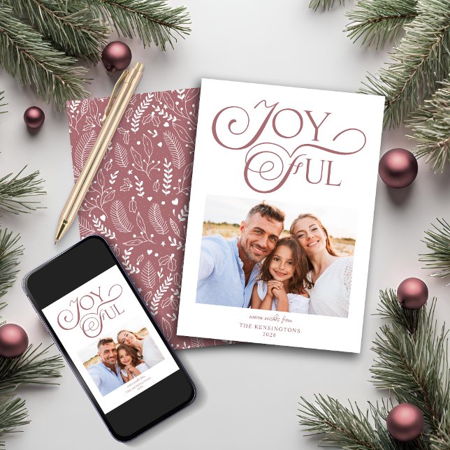 Cartes Pour Fêtes Annuelles Motif Rose Dusty moderne Joyful Photo de Noël (Modern Dusty Rose Pattern Joyful Christmas Photo Holiday Card)