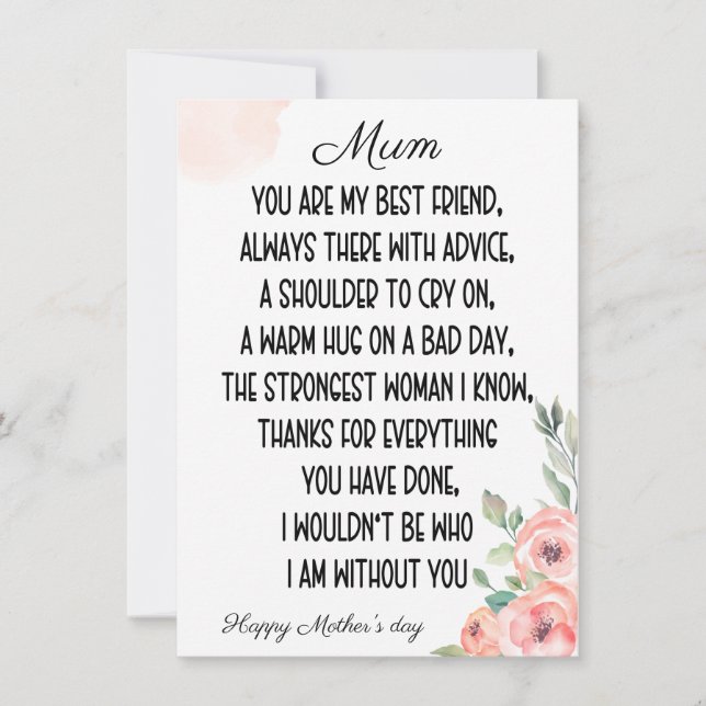 Cartes Pour Fêtes Annuelles Mots sentimentaux pour maman, Joyeuse fête des mèr (Devant)